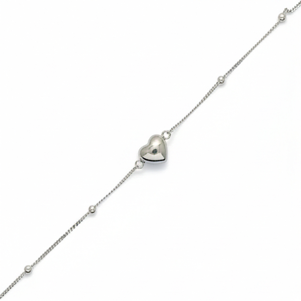 925 Sterling Silver Puffed Heart Charm Beaded Chain Bracelet Jewellery for Women