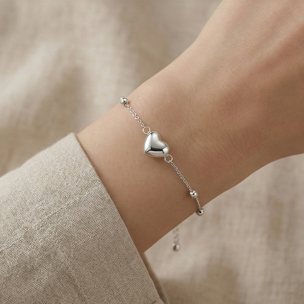 925 Sterling Silver Puffed Heart Charm Beaded Chain Bracelet Jewellery for Women
