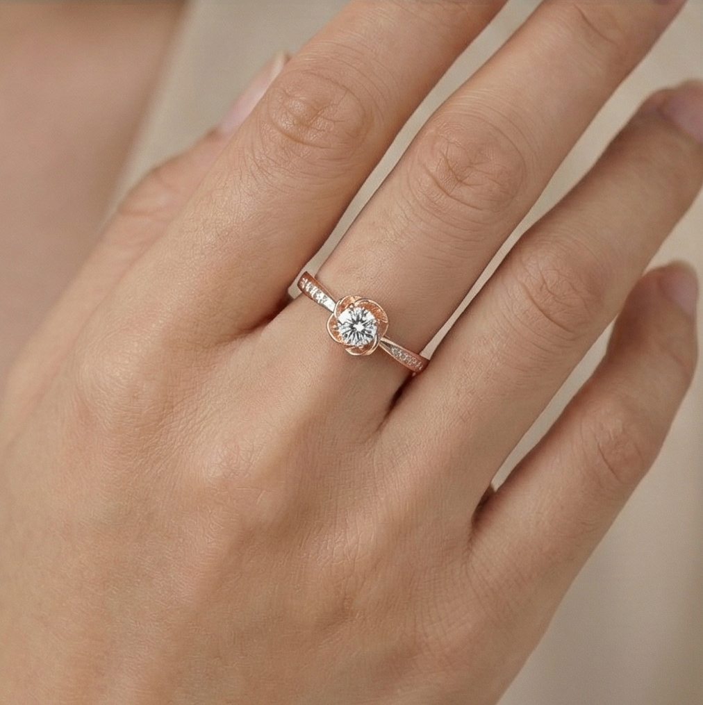 925 Sterling Silver Rose Gold Plated Floral Bloom Adjustable Ring Jewellery for Women