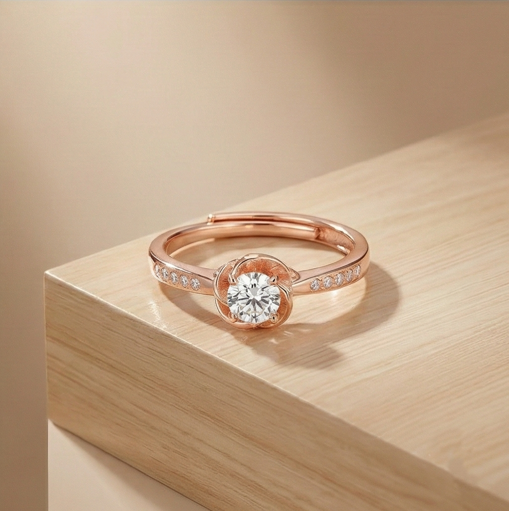 925 Sterling Silver Rose Gold Plated Floral Bloom Adjustable Ring Jewellery for Women
