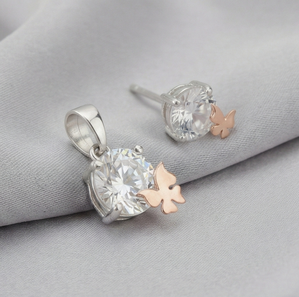 925 Sterling Silver Solitaire Pendant & Earrings Set with Rose Gold Butterfly Jewellery for Women