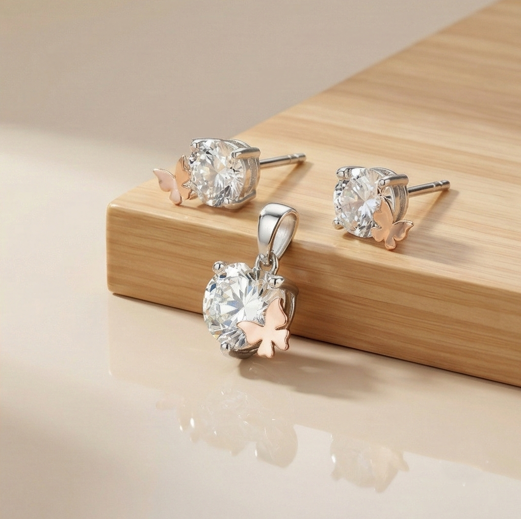 925 Sterling Silver Solitaire Pendant & Earrings Set with Rose Gold Butterfly Jewellery for Women