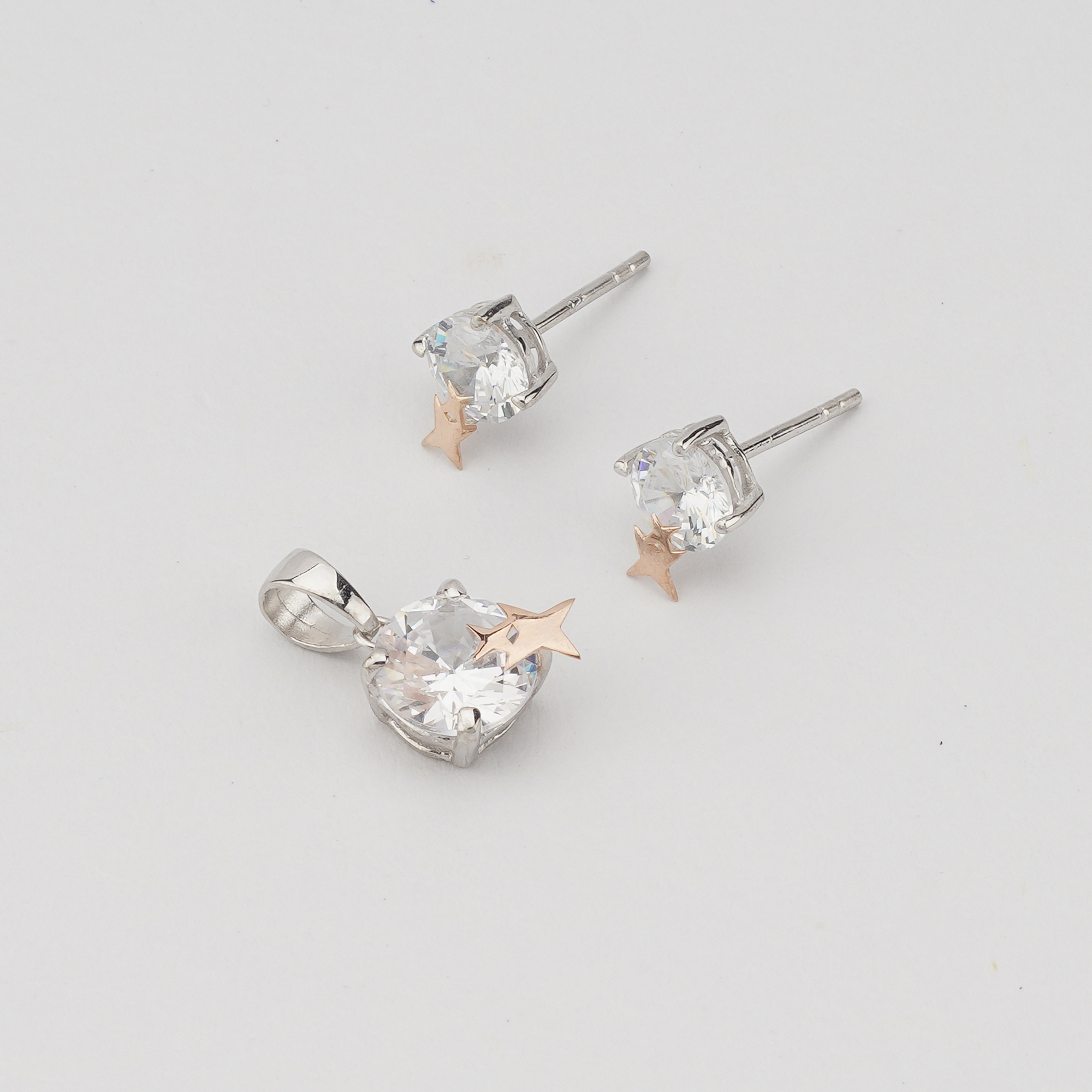 925 Sterling Silver Solitaire Pendant & Earrings Set with Rose Gold Star Jewellery for Women - Dual Tone Finish