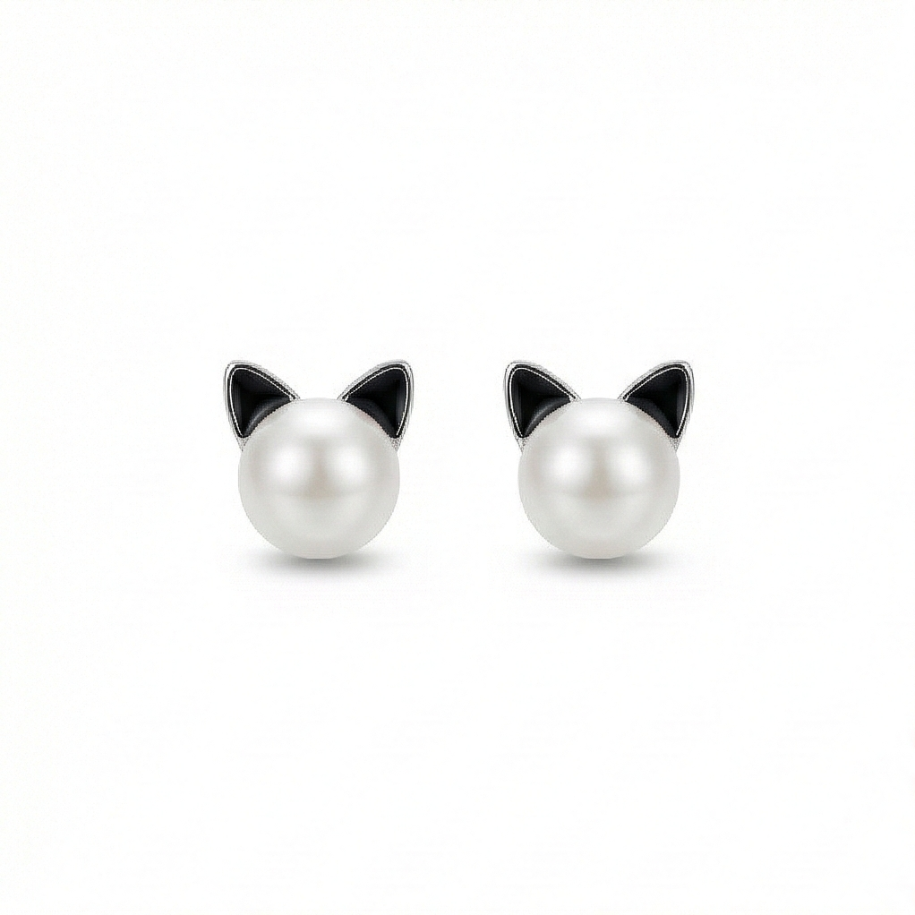 925 Sterling Silver Cute Cat Pearl Stud Earrings Jewellery for Girls