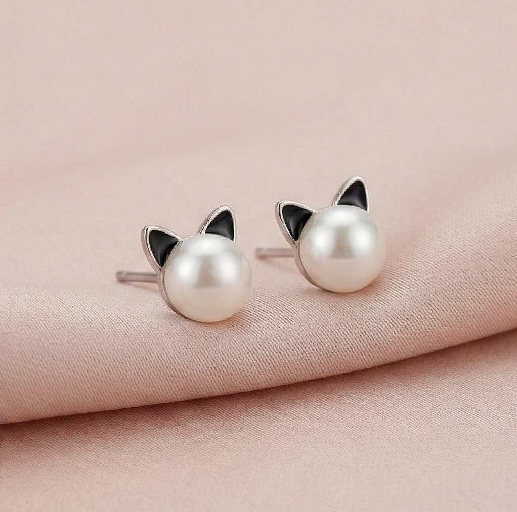 925 Sterling Silver Cute Cat Pearl Stud Earrings Jewellery for Girls