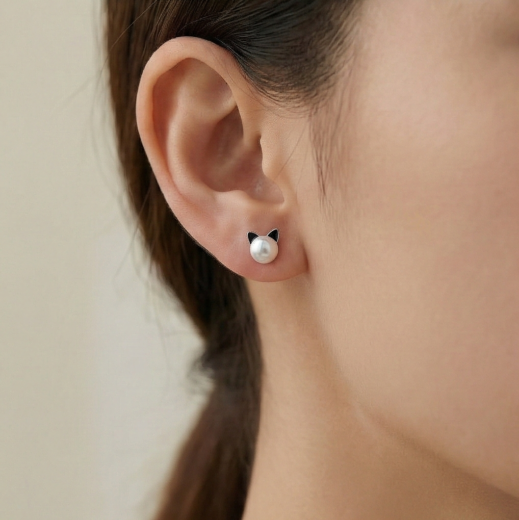 925 Sterling Silver Cute Cat Pearl Stud Earrings Jewellery for Girls
