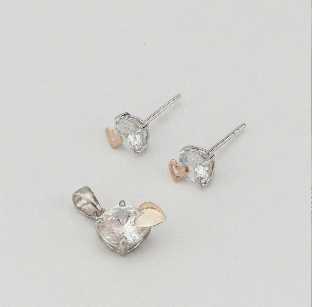 925 Sterling Silver Solitaire Heart Accent Pendant Set Two Tone Jewellery