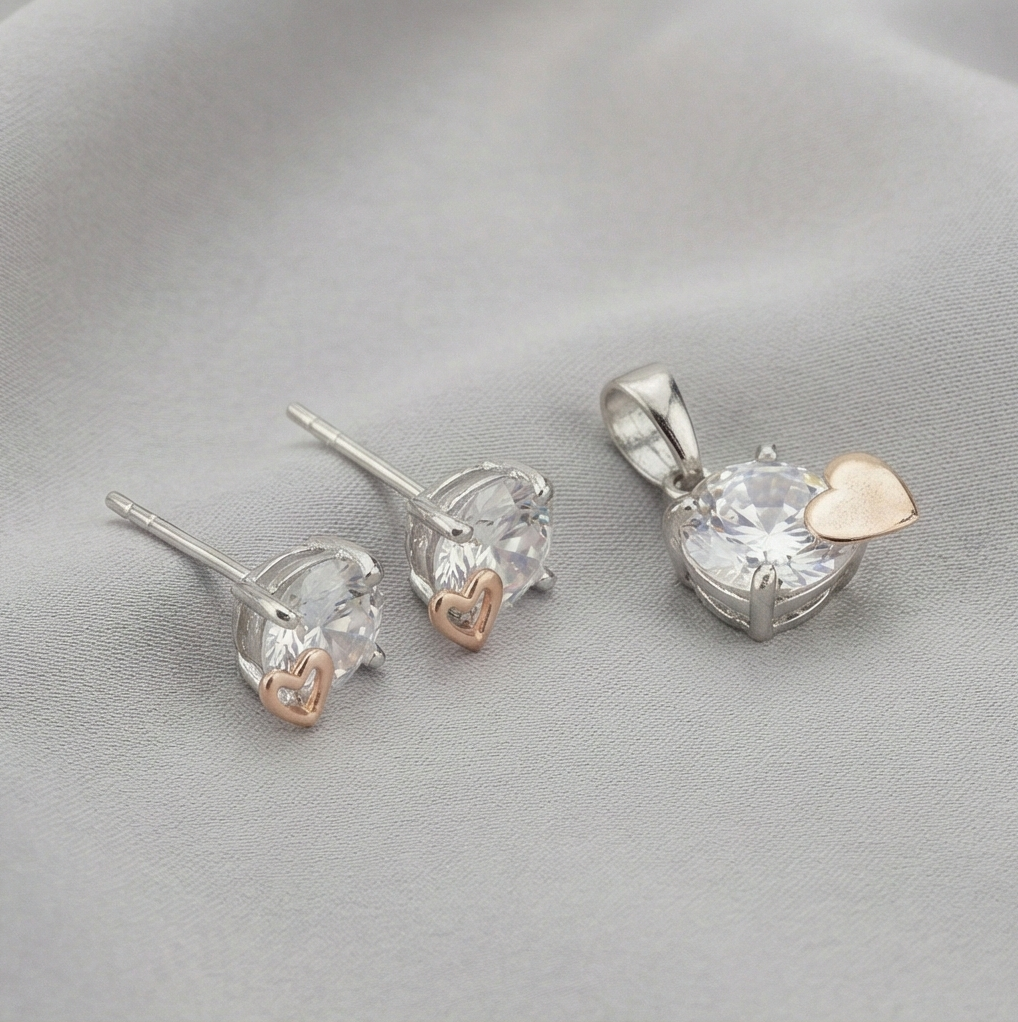 925 Sterling Silver Solitaire Heart Accent Pendant Set Two Tone Jewellery