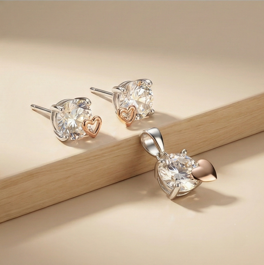 925 Sterling Silver Solitaire Heart Accent Pendant Set Two Tone Jewellery