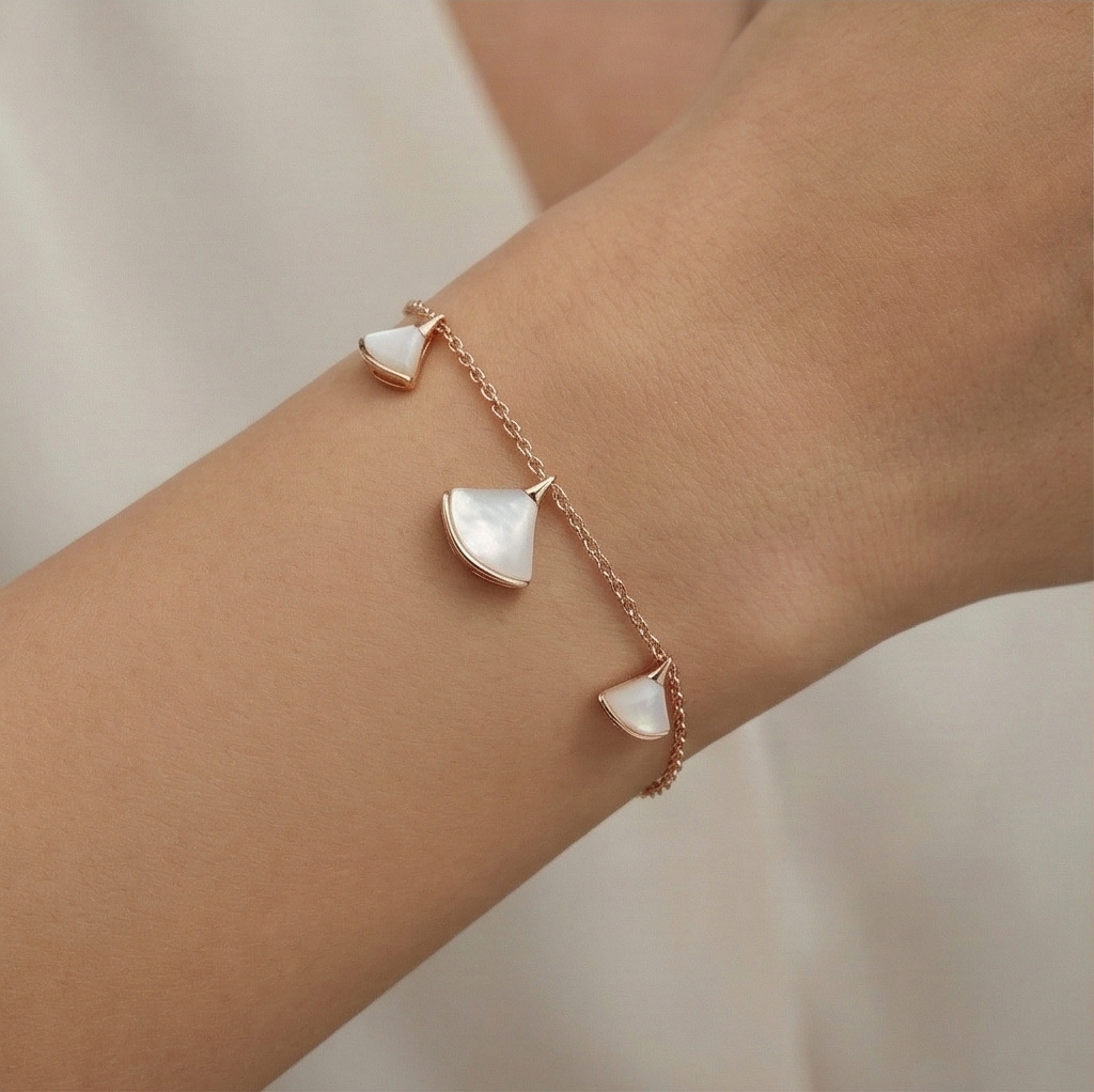 925 Sterling Silver Rose Gold Plated MOP Fan Shape Charm Bracelet for Women & Girls | Elegant Pearlescent Motif Chain Jewellery