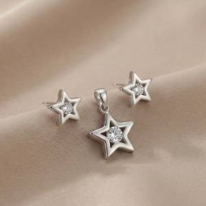 925 Sterling Silver Open Star Floating Stone Pendant Set High Polish Jewellery