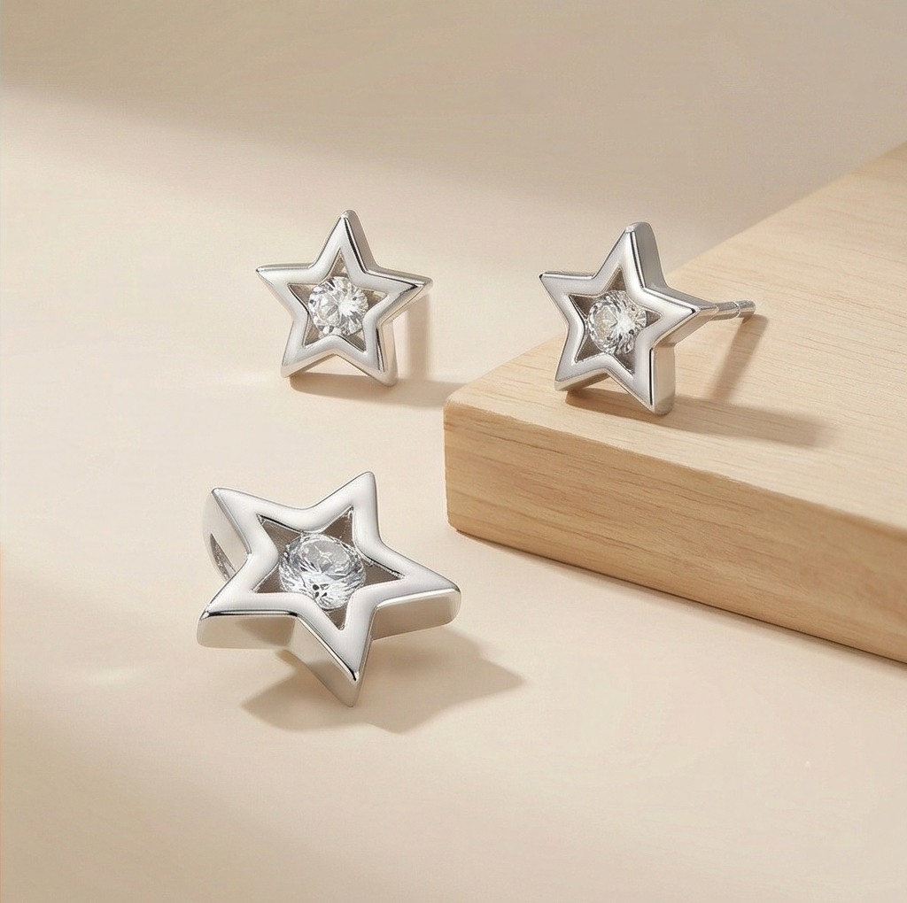 925 Sterling Silver Open Star Floating Stone Pendant Set High Polish Jewellery