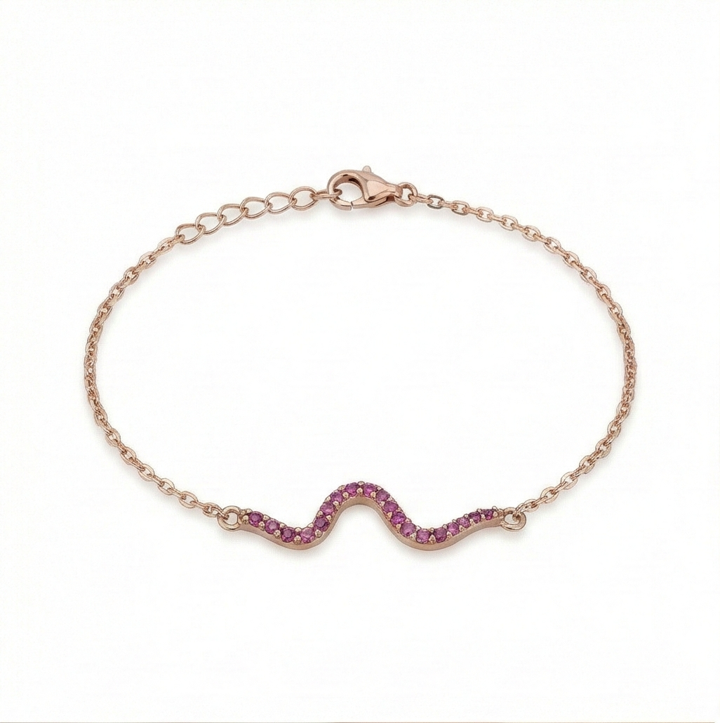 925 Sterling Silver Rose Gold Plated Pink Stone Wave Bar Bracelet Jewellery for Women