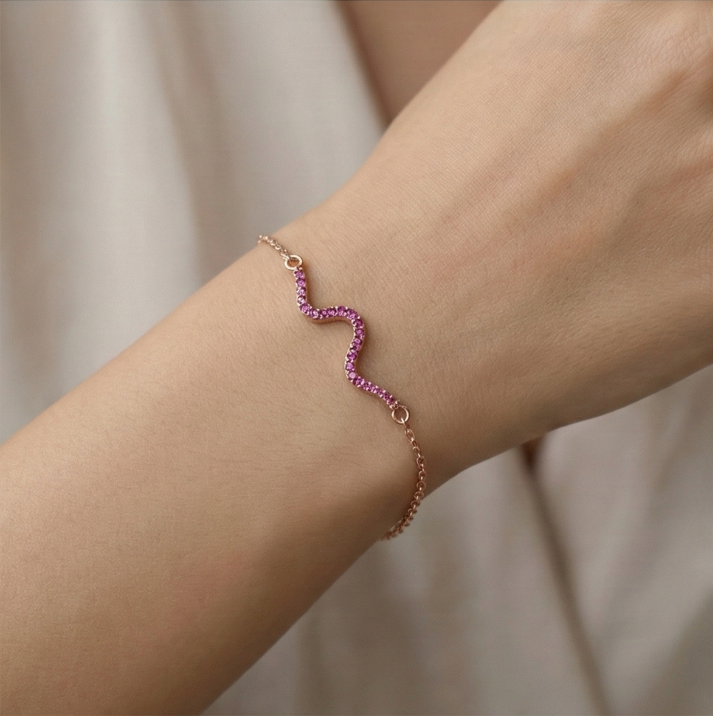 925 Sterling Silver Rose Gold Plated Pink Stone Wave Bar Bracelet Jewellery for Women