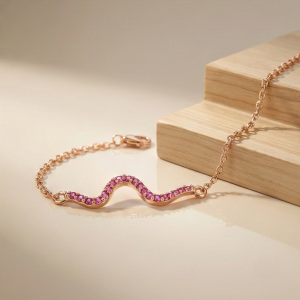 925 Sterling Silver Rose Gold Plated Pink Stone Wave Bar Bracelet Jewellery for Women