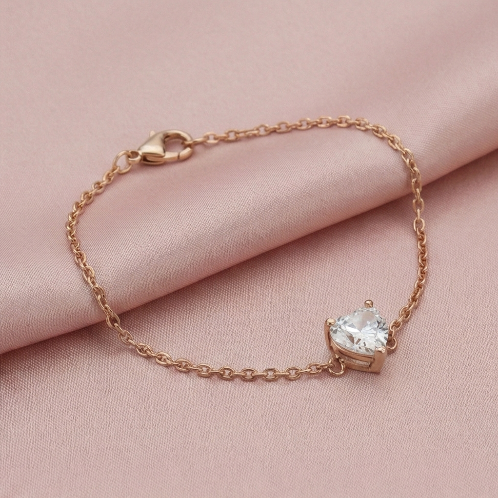 925 Sterling Silver Rose Gold Plated Solitaire Heart Stone Bracelet | Minimalist Crystal Jewellery for Women