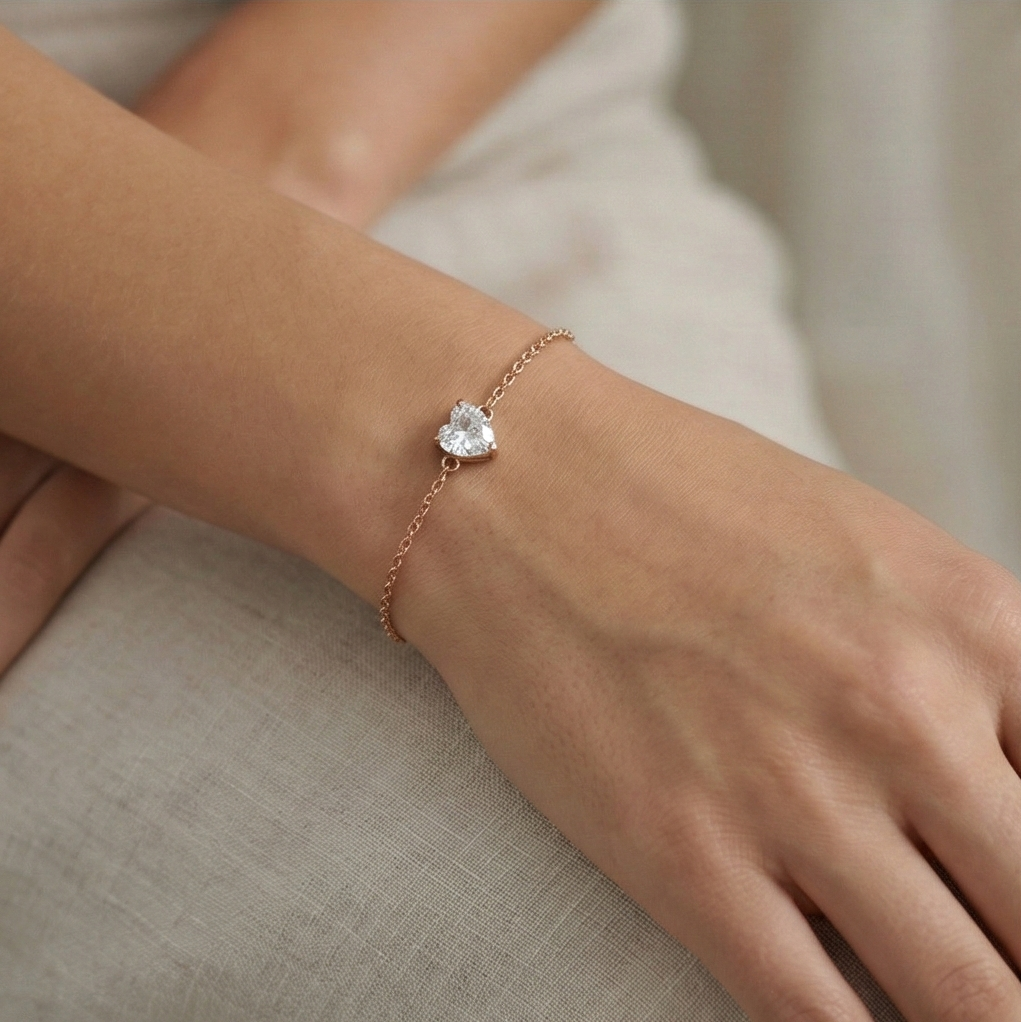 925 Sterling Silver Rose Gold Plated Solitaire Heart Stone Bracelet | Minimalist Crystal Jewellery for Women