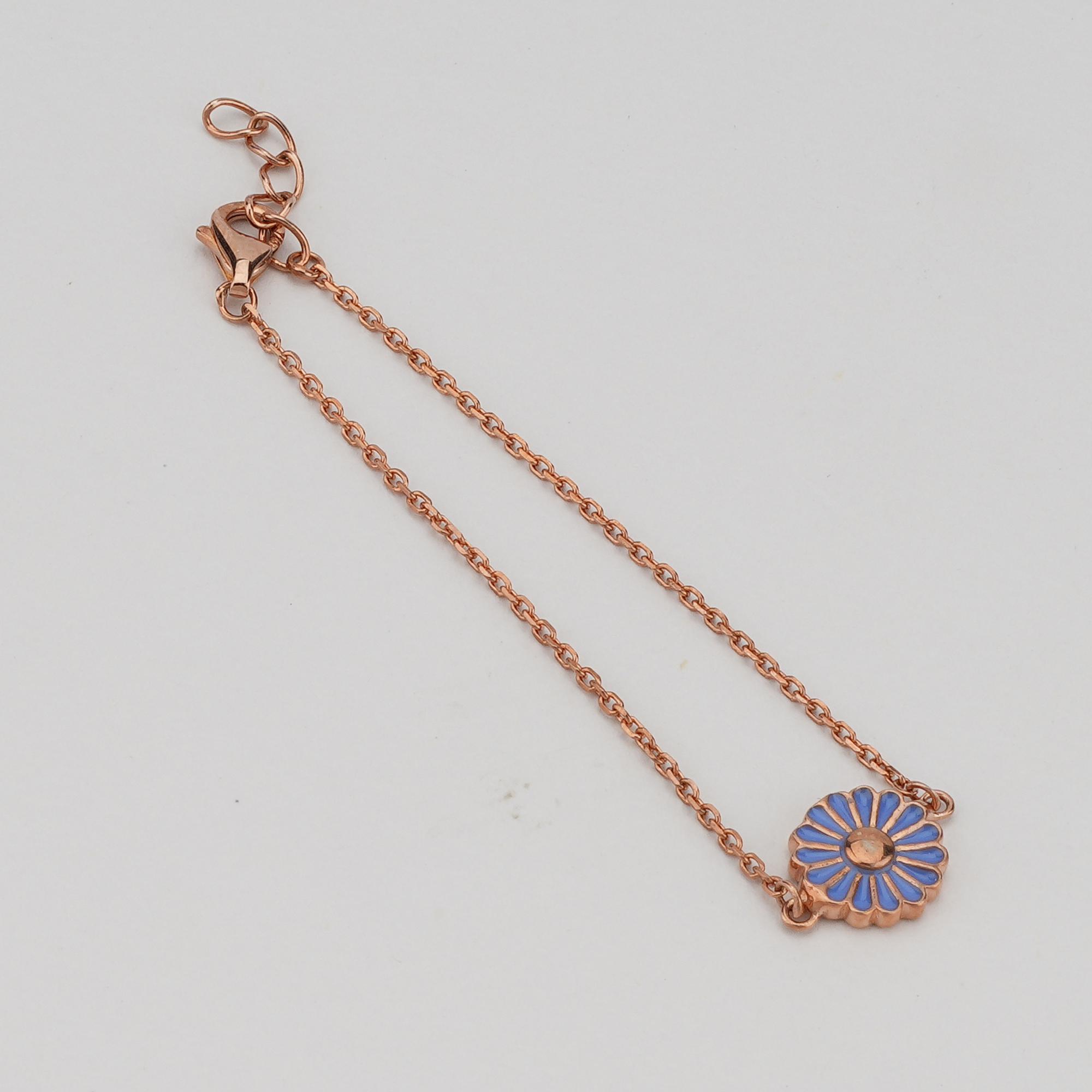 925 Sterling Silver Rose Gold Plated Blue Enamel Daisy Flower Bracelet | Floral Charm Jewellery for Women & Girls