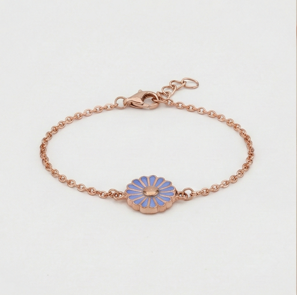 925 Sterling Silver Rose Gold Plated Blue Enamel Daisy Flower Bracelet | Floral Charm Jewellery for Women & Girls