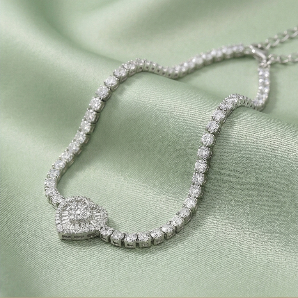 925 Sterling Silver Heart Cluster Adjustable Tennis Bracelet Jewellery for Women