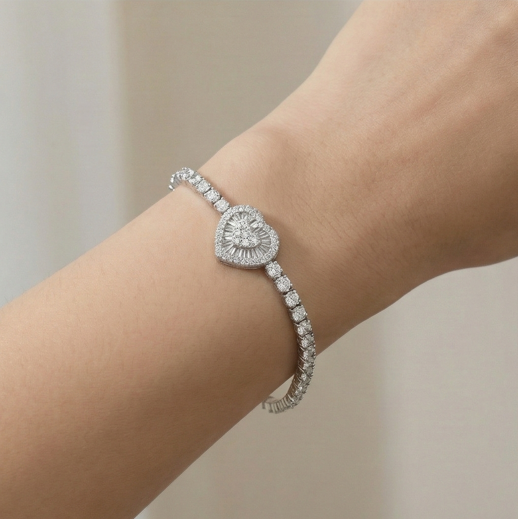 925 Sterling Silver Heart Cluster Adjustable Tennis Bracelet Jewellery for Women