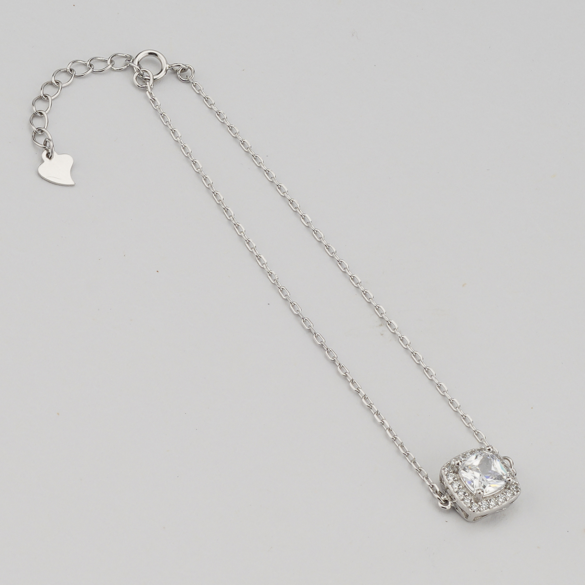 925 Sterling Silver Square Halo Solitaire Charm Bracelet Jewellery for Women Silver Finish