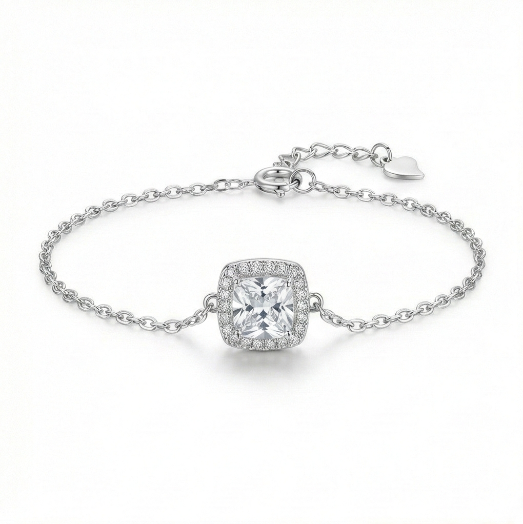 925 Sterling Silver Square Halo Solitaire Charm Bracelet Jewellery for Women Silver Finish
