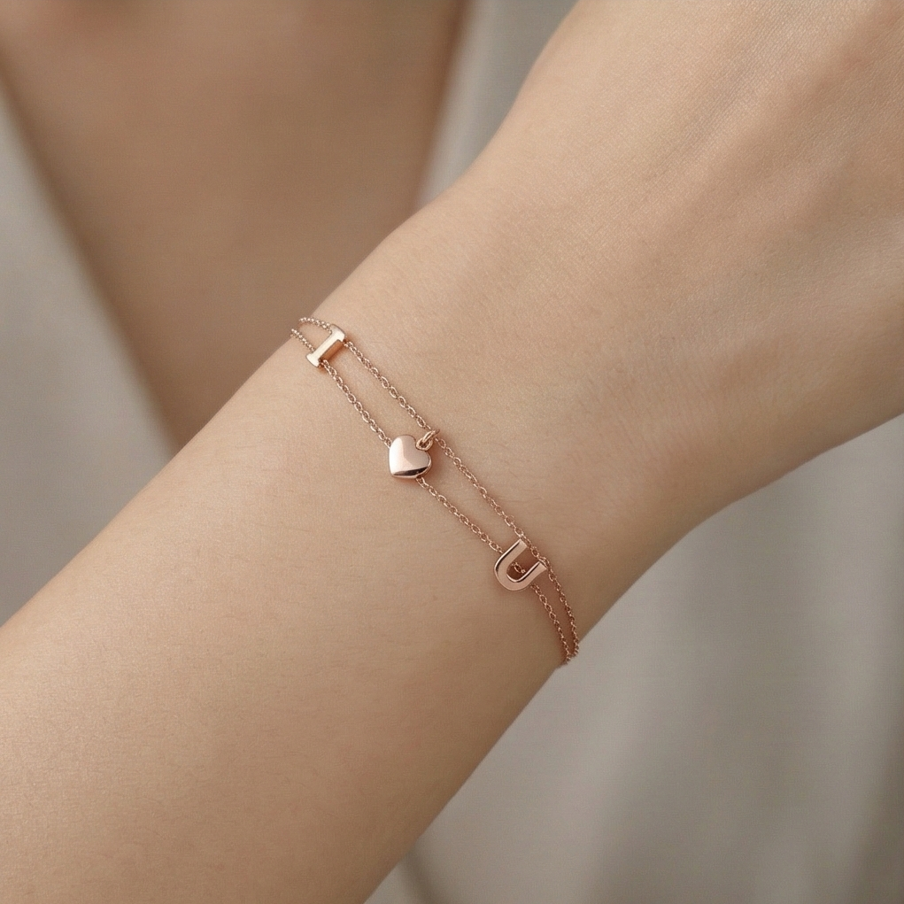 925 Sterling Silver Rose Gold Plated Double Layer Heart & Letter Charm Bracelet | Romantic Love Jewellery for Women