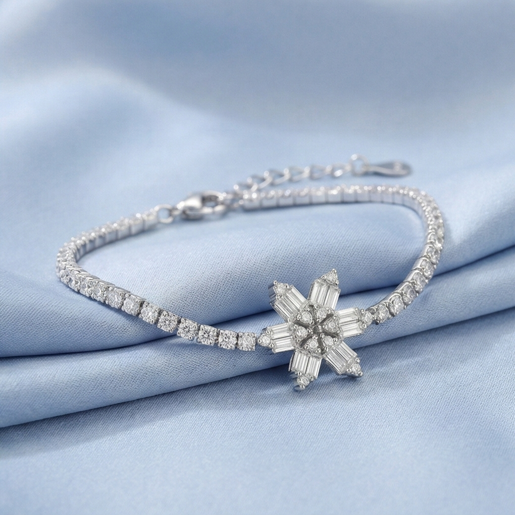 925 Sterling Silver Crystal Snowflake Tennis Bracelet for Women | Sparkling Starburst Statement Jewellery