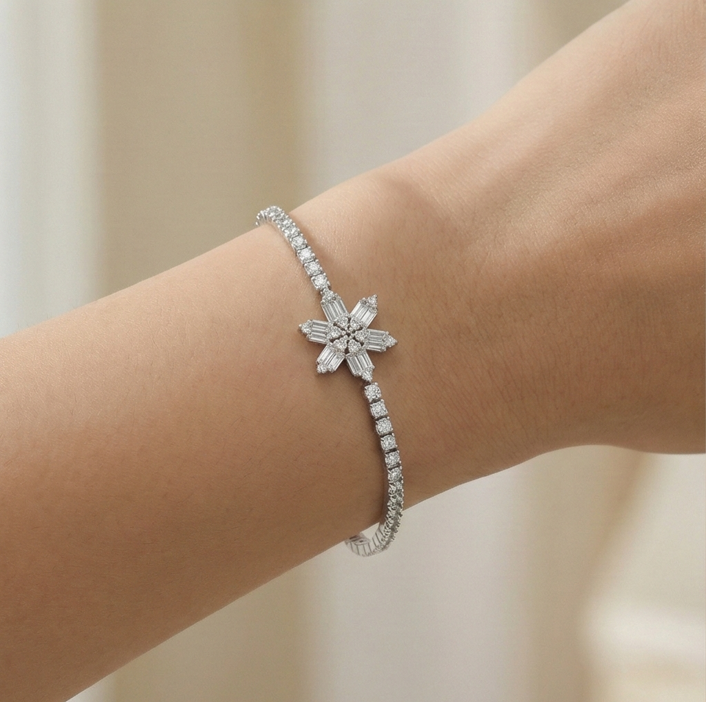 925 Sterling Silver Crystal Snowflake Tennis Bracelet for Women | Sparkling Starburst Statement Jewellery