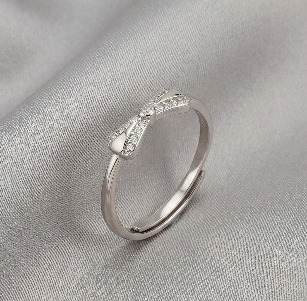925 Sterling Silver Sparkling Bow Knot Adjustable Ring Jewellery for Women & Girls