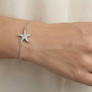 925 Sterling Silver Starfish Charm Bracelet for Women, Ocean Inspired Rhodium Plated Jewellery