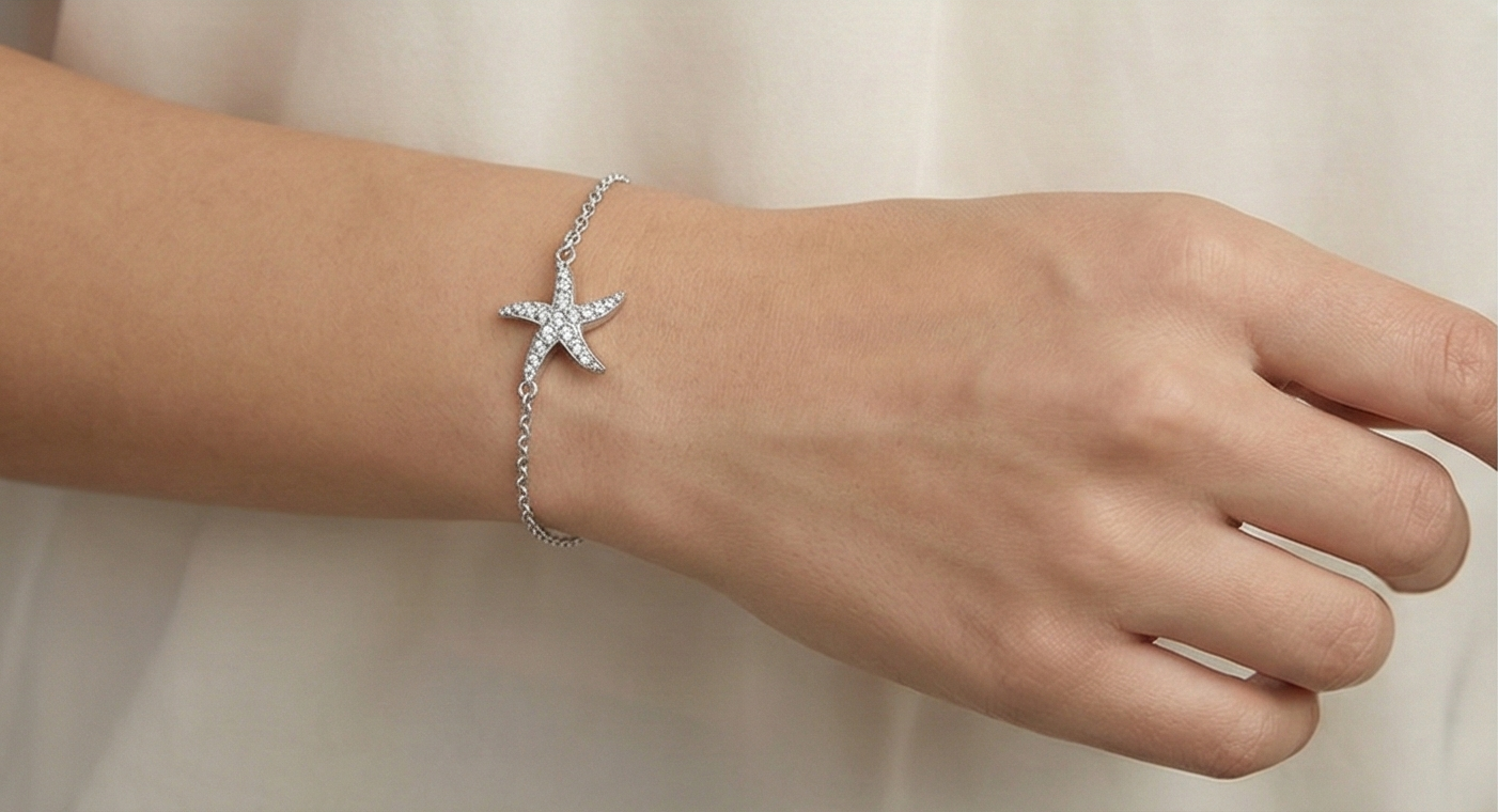 925 Sterling Silver Starfish Charm Bracelet for Women, Ocean Inspired Rhodium Plated Jewellery