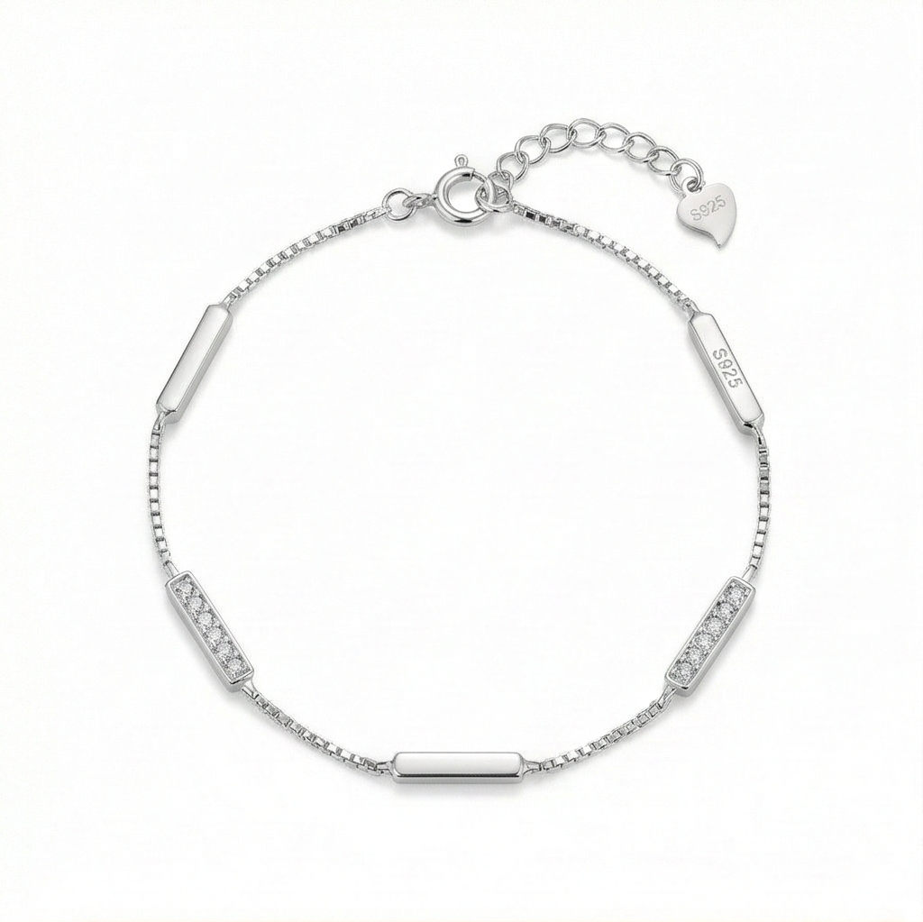 925 Sterling Silver Bar Station Bracelet for Women, High Polish Rhodium Finish Minimalist Jewellery
