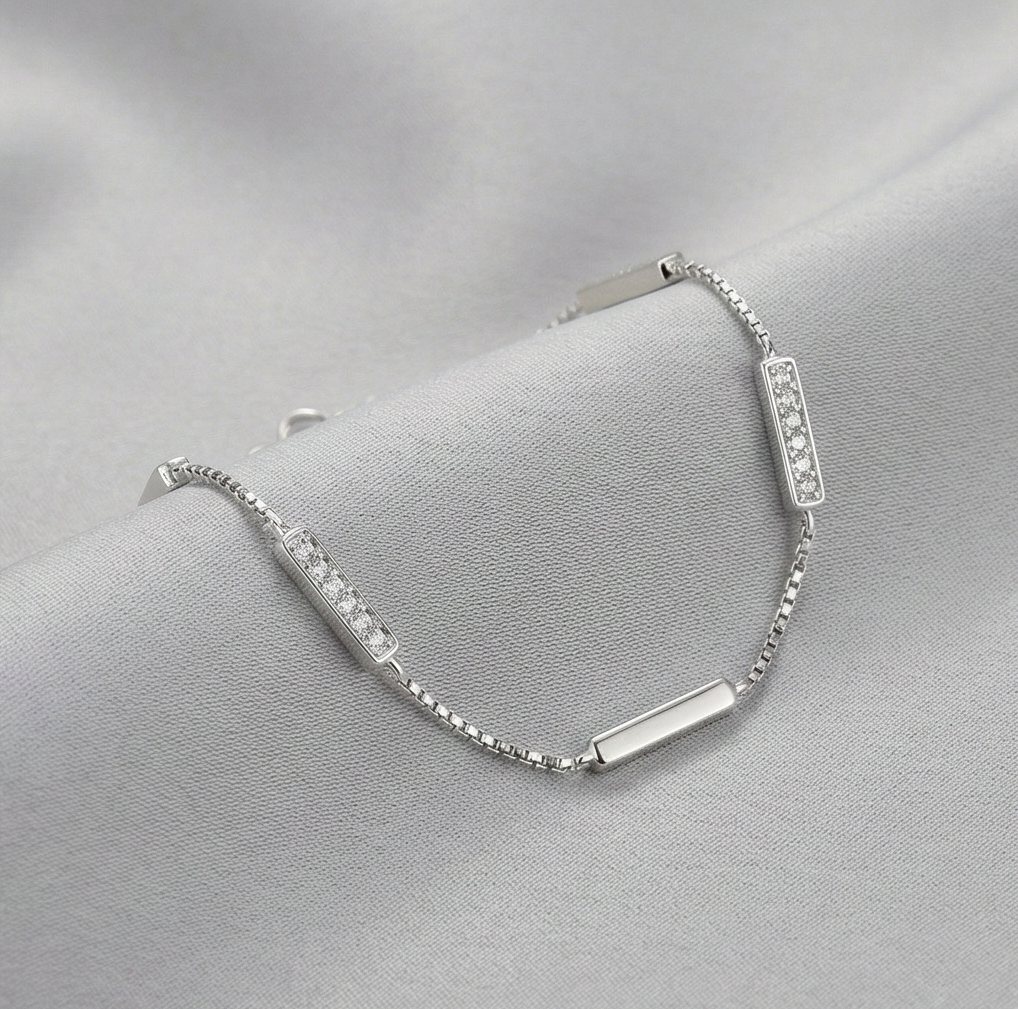 925 Sterling Silver Bar Station Bracelet for Women, High Polish Rhodium Finish Minimalist Jewellery