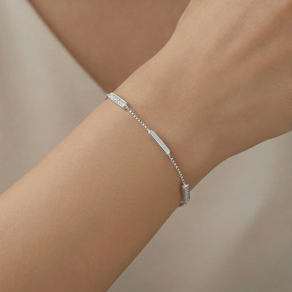 925 Sterling Silver Bar Station Bracelet for Women, High Polish Rhodium Finish Minimalist Jewellery