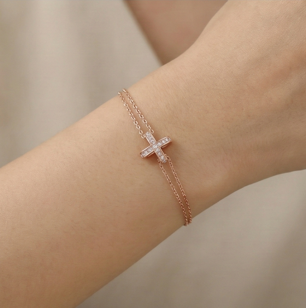 925 Sterling Silver Rose Gold Plated Cross Bracelet for Women, Double Chain Faith Jewellery