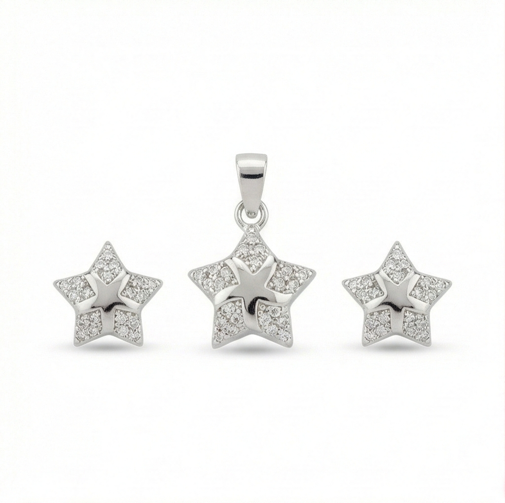 925 Sterling Silver Double Star Pave Pendant Set Rhodium Plated Jewellery
