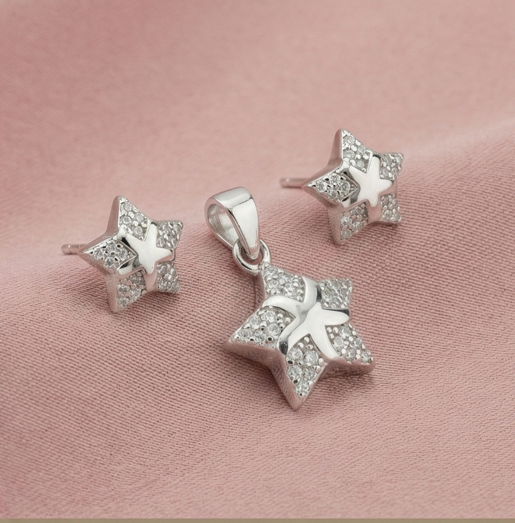 925 Sterling Silver Double Star Pave Pendant Set Rhodium Plated Jewellery