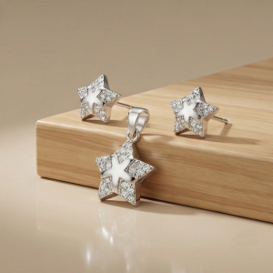 925 Sterling Silver Double Star Pave Pendant Set Rhodium Plated Jewellery