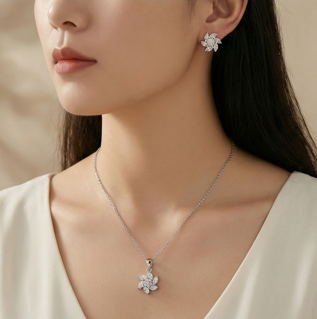 925 Sterling Silver Floral Pinwheel Pendant Set Rhodium Finish Jewellery