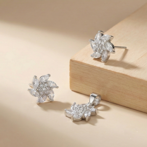 925 Sterling Silver Floral Pinwheel Pendant Set Rhodium Finish Jewellery