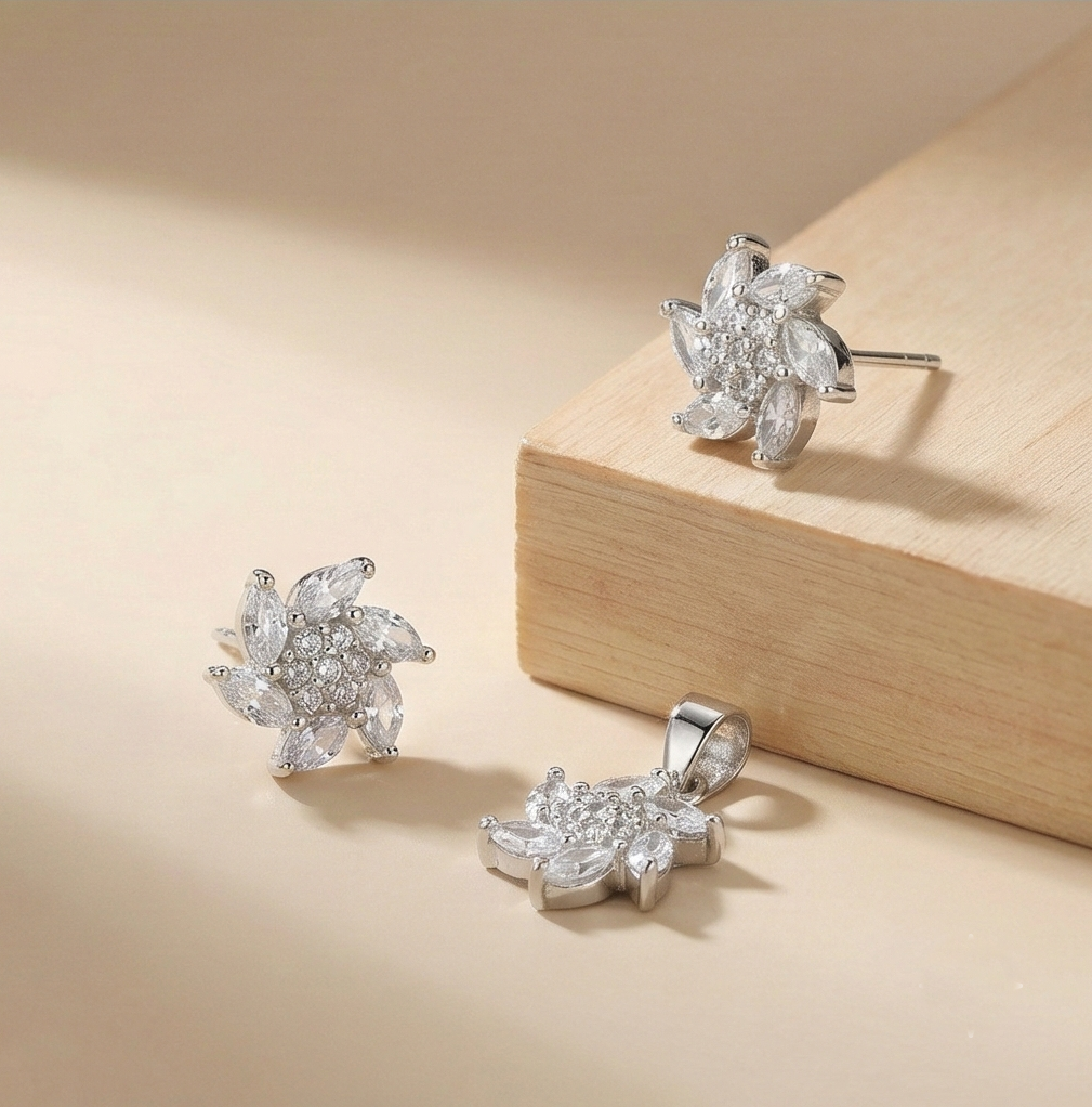 925 Sterling Silver Floral Pinwheel Pendant Set Rhodium Finish Jewellery