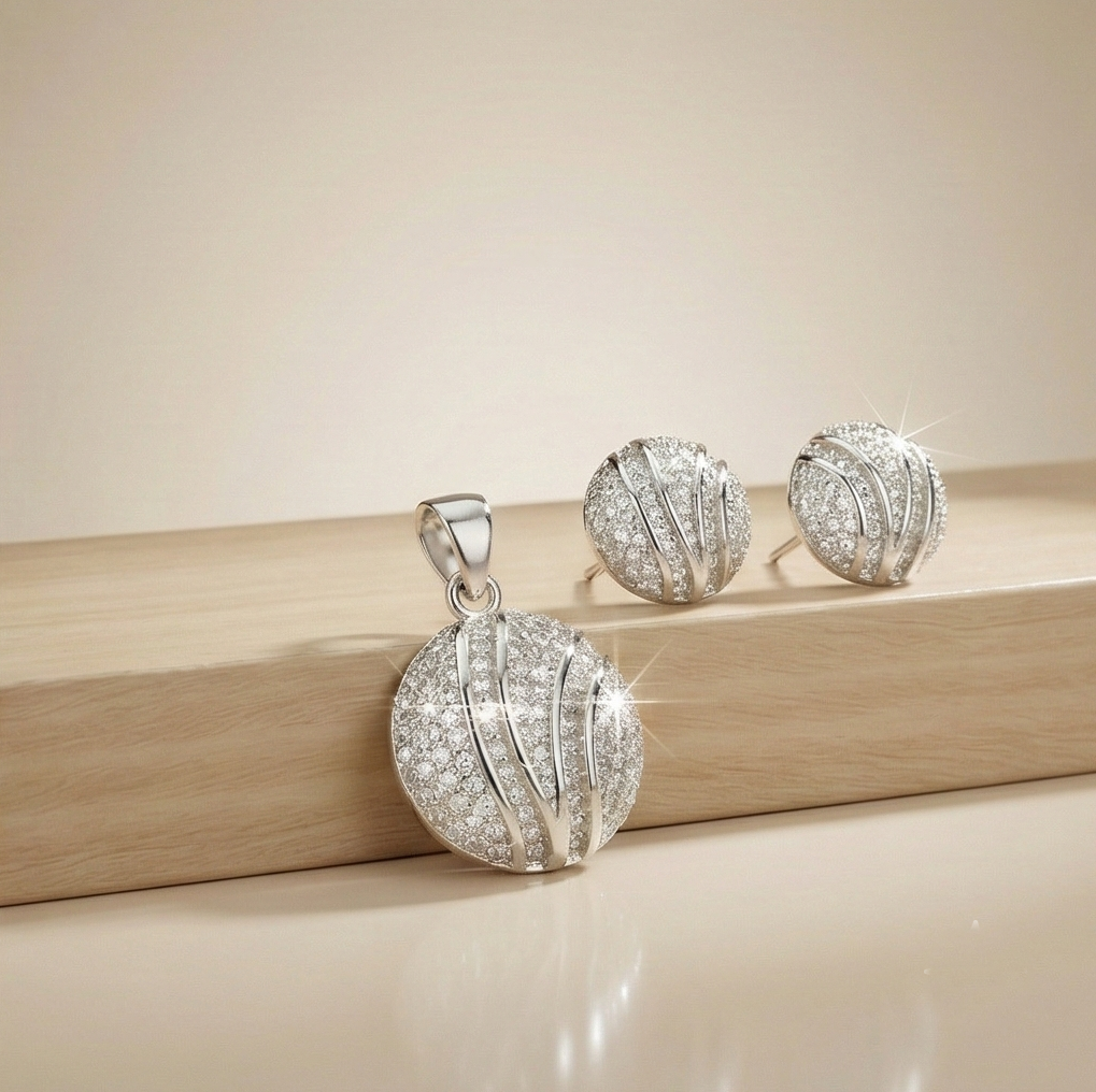 925 Sterling Silver Pave Dome Sphere Pendant Set Rhodium Finish Jewellery