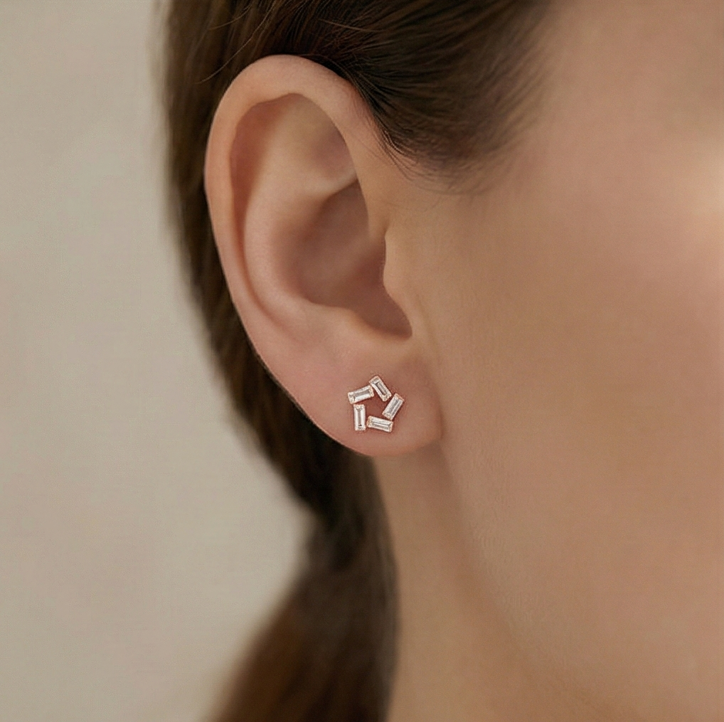 925 Sterling Silver Rose Gold Plated Baguette Star Stud Earrings Jewellery for Women