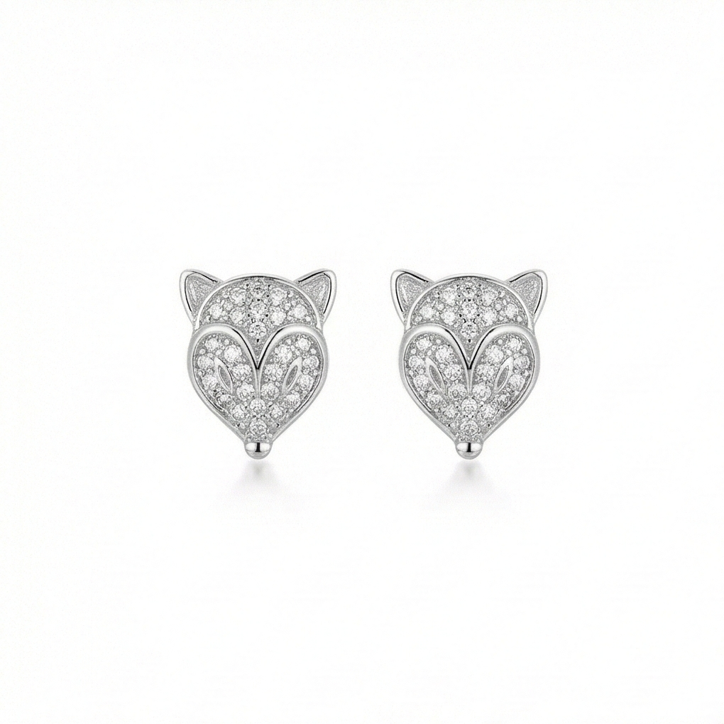 925 Sterling Silver Pave Fox Head Stud Earrings Jewellery for Women