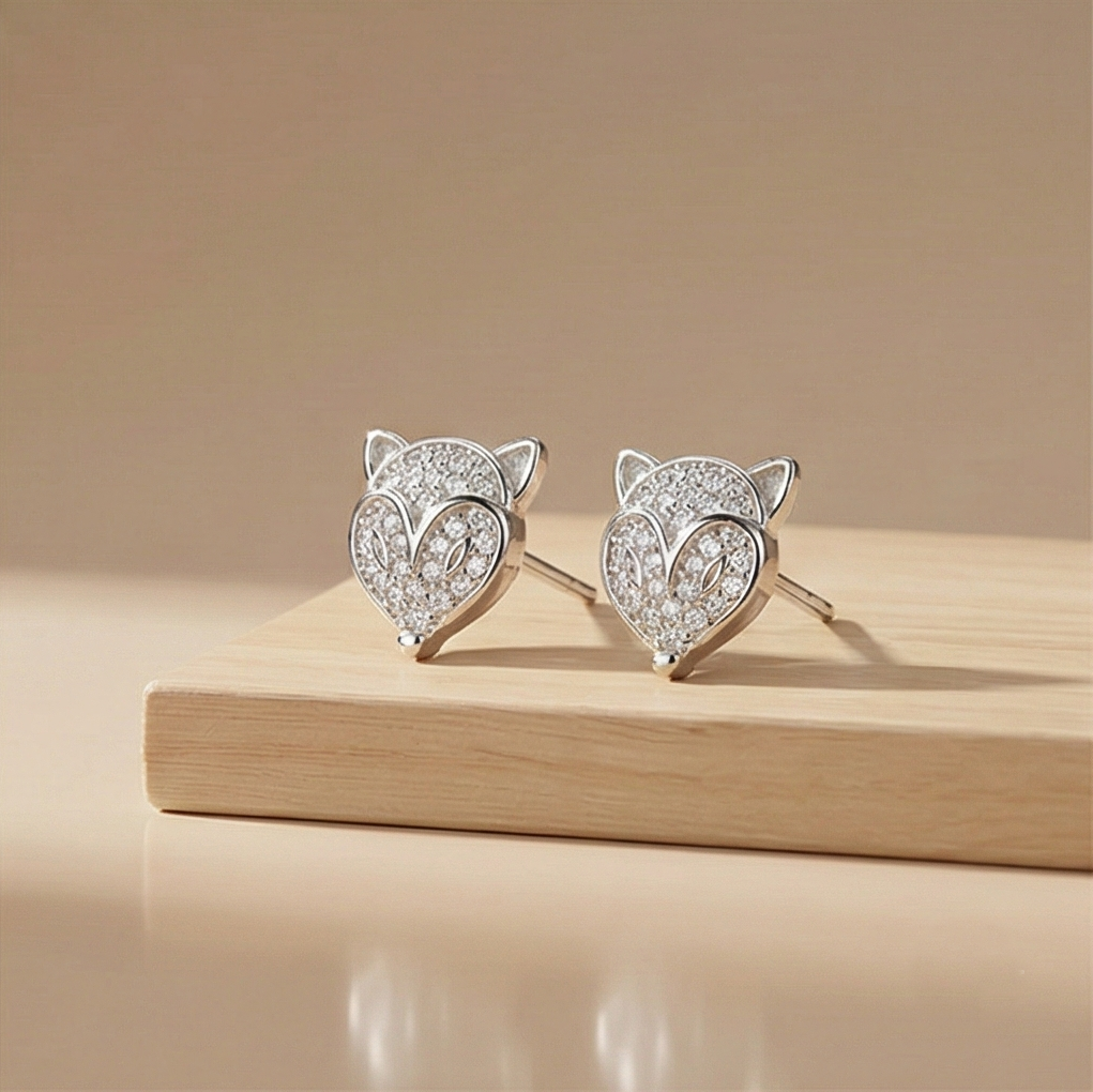 925 Sterling Silver Pave Fox Head Stud Earrings Jewellery for Women