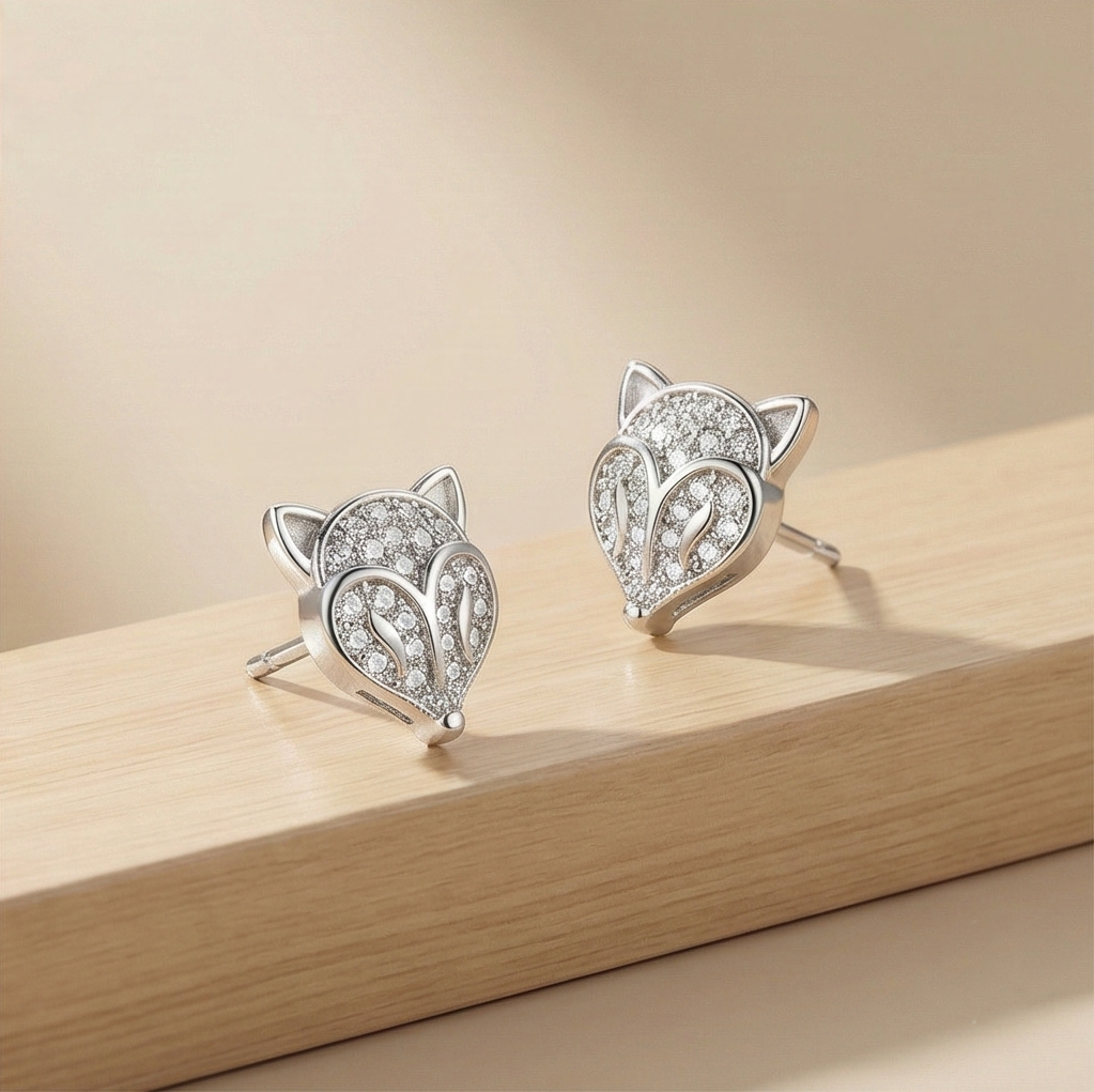 925 Sterling Silver Pave Fox Head Stud Earrings Jewellery for Women
