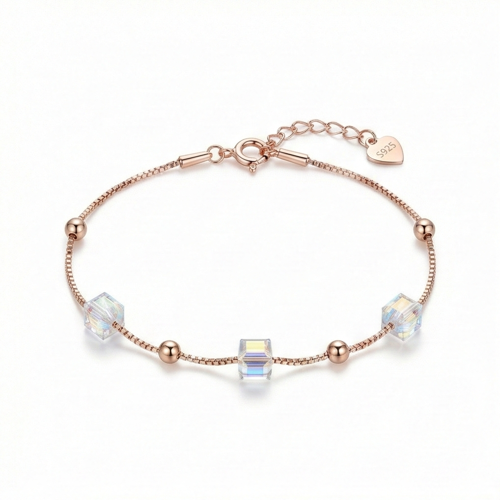 925 Sterling Silver Rose Gold Plated Iridescent Cube Station Bracelet Jewellery for Women