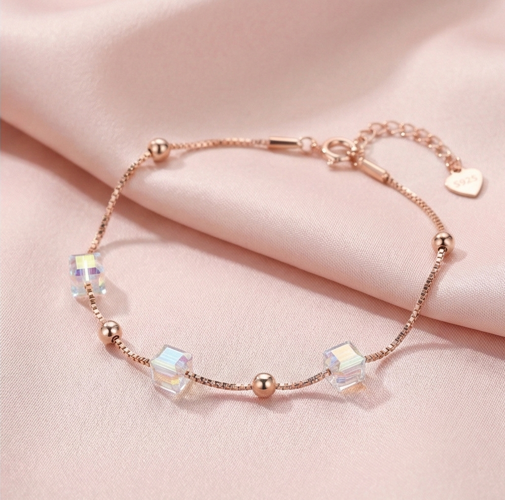 925 Sterling Silver Rose Gold Plated Iridescent Cube Station Bracelet Jewellery for Women